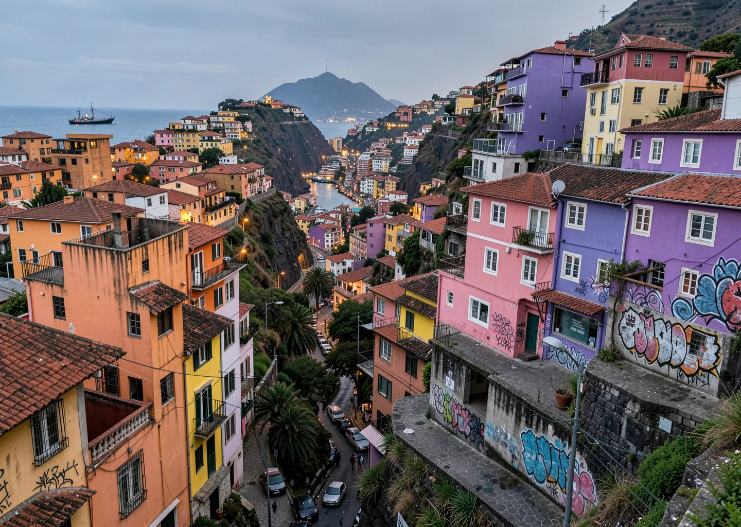 Impossible hill perspectives of Valparaíso, Chile, harbor view through gap betwe
