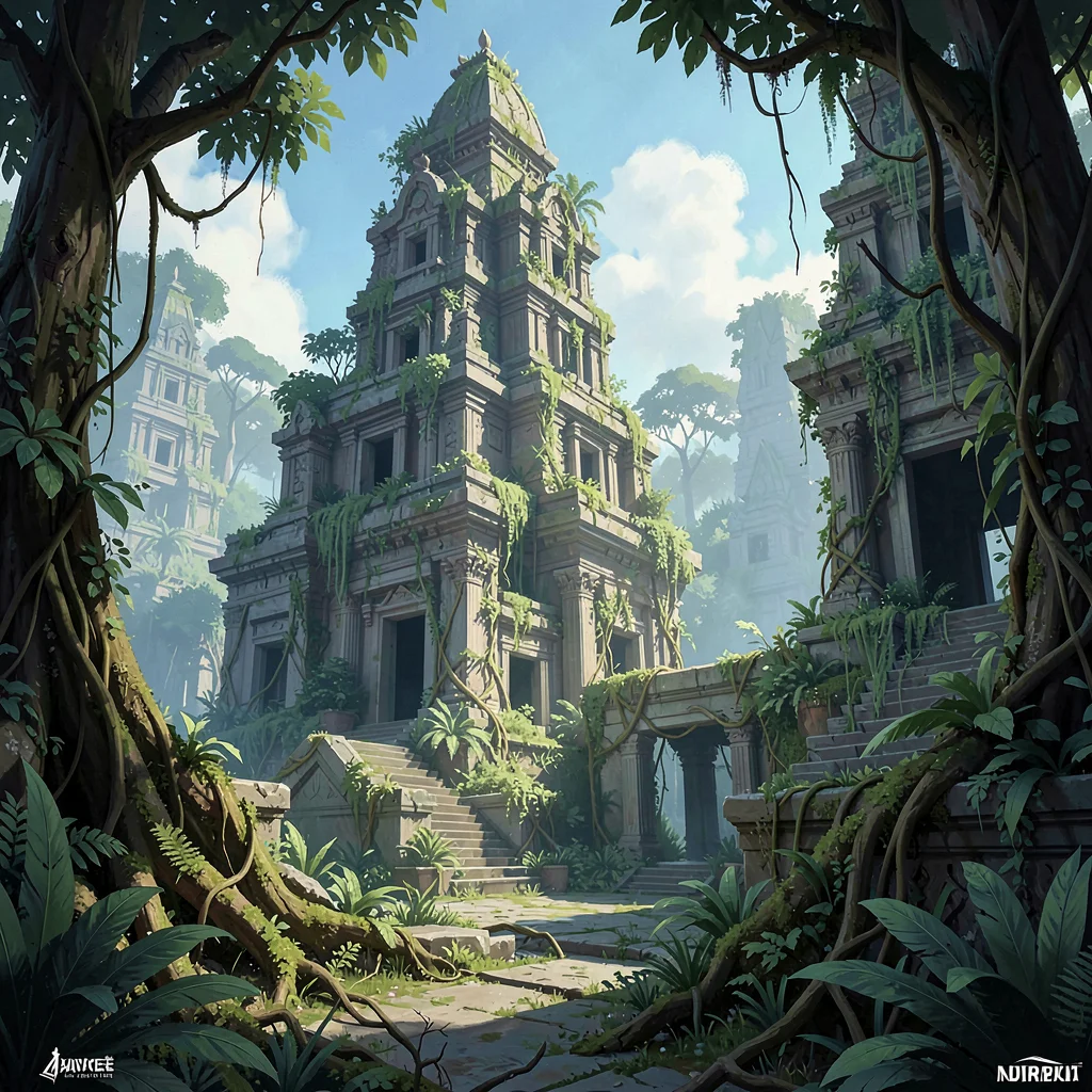 Video game concept art illustration, an ancient ruins environment with overgrown