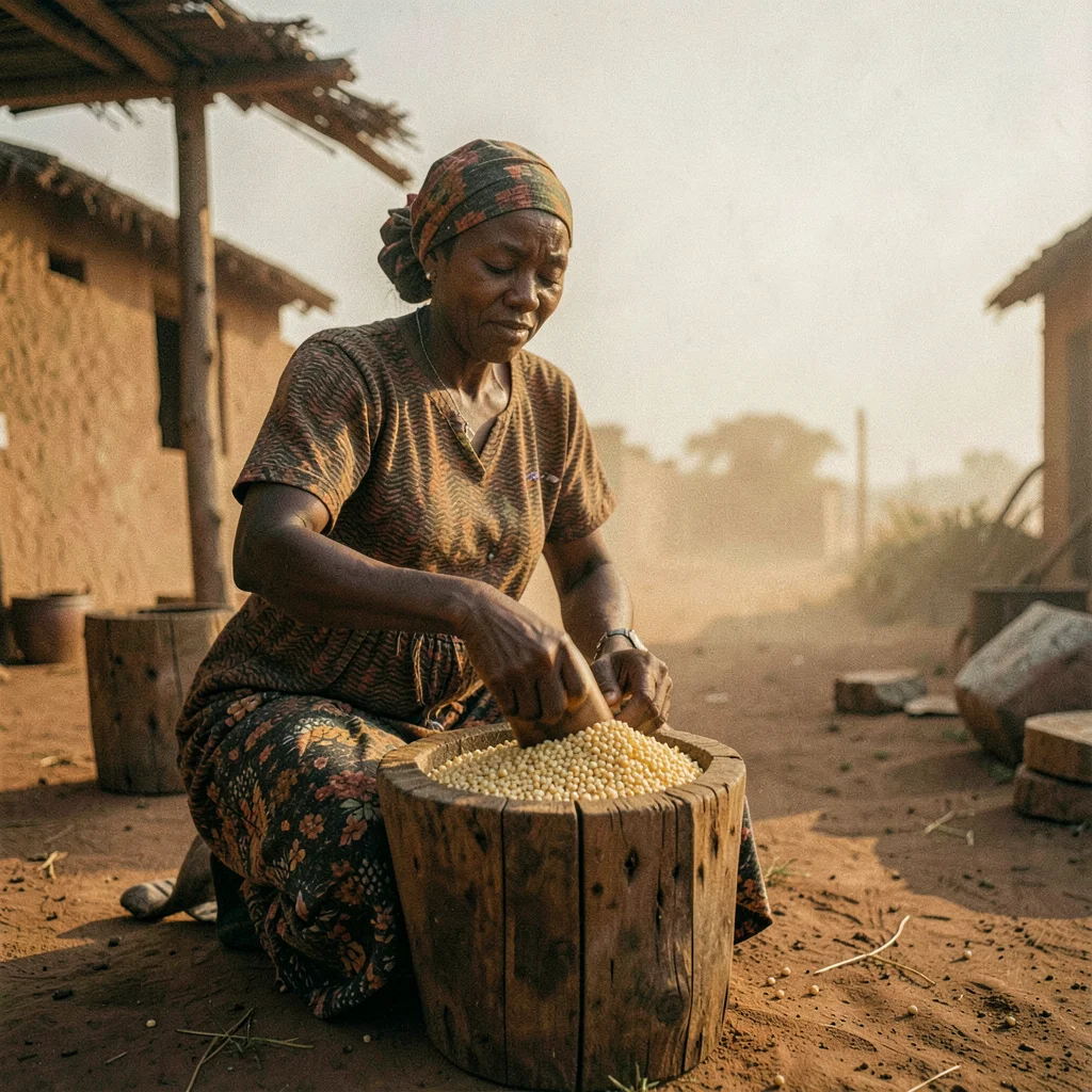 Golden Harmattan dust haze in Bamako, Mali, Woman pounding millet in wooden mort