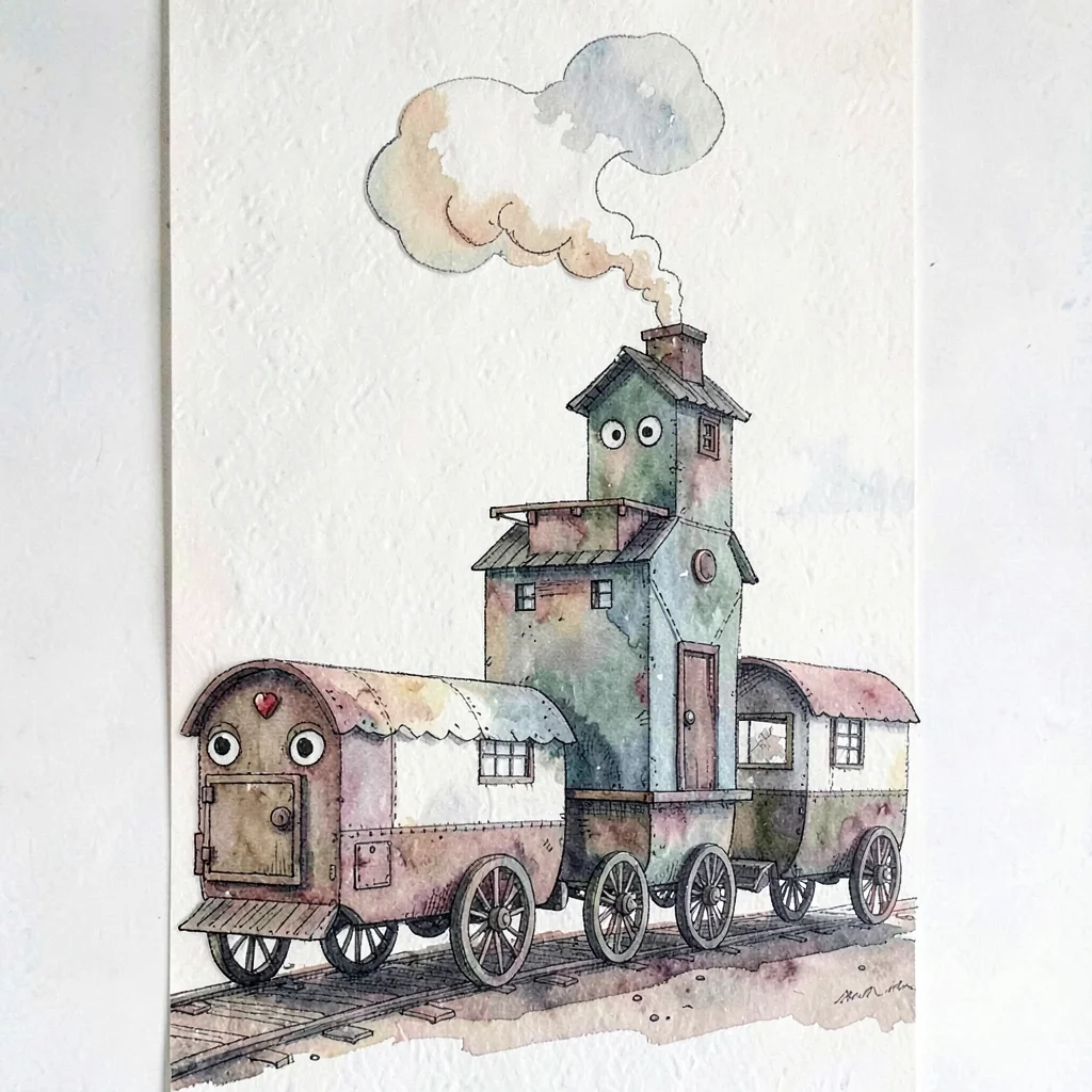 Vertical cut-paper collage of a tall puppet caravan with curling smoke from a ti