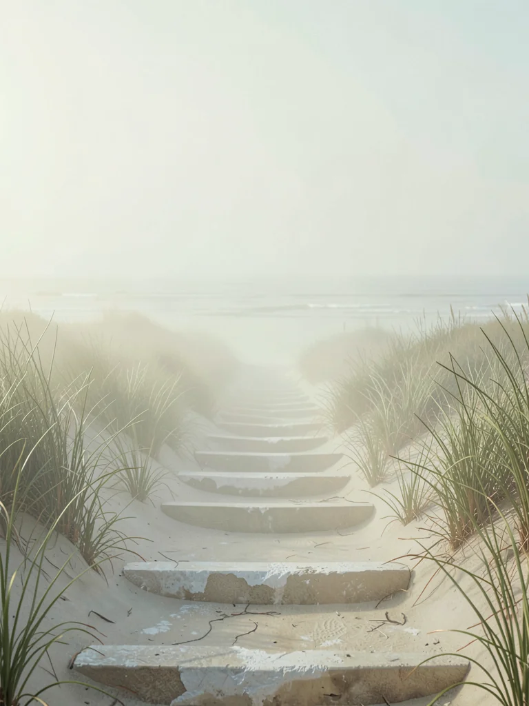 Salt-bleached steps climbing through reedy dunes to a sea that has entirely vani