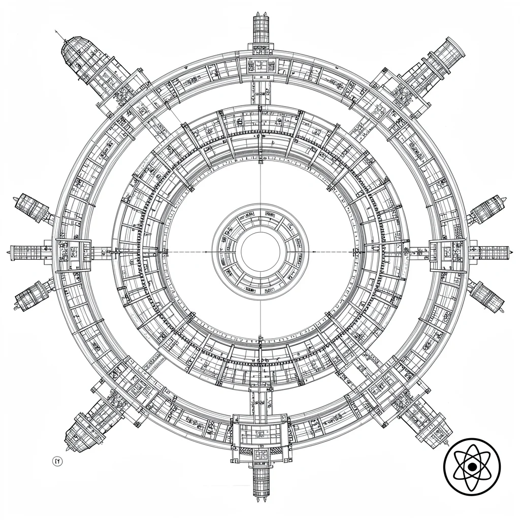 A space-station orbital diagram with concentric module rings, docking spurs at t