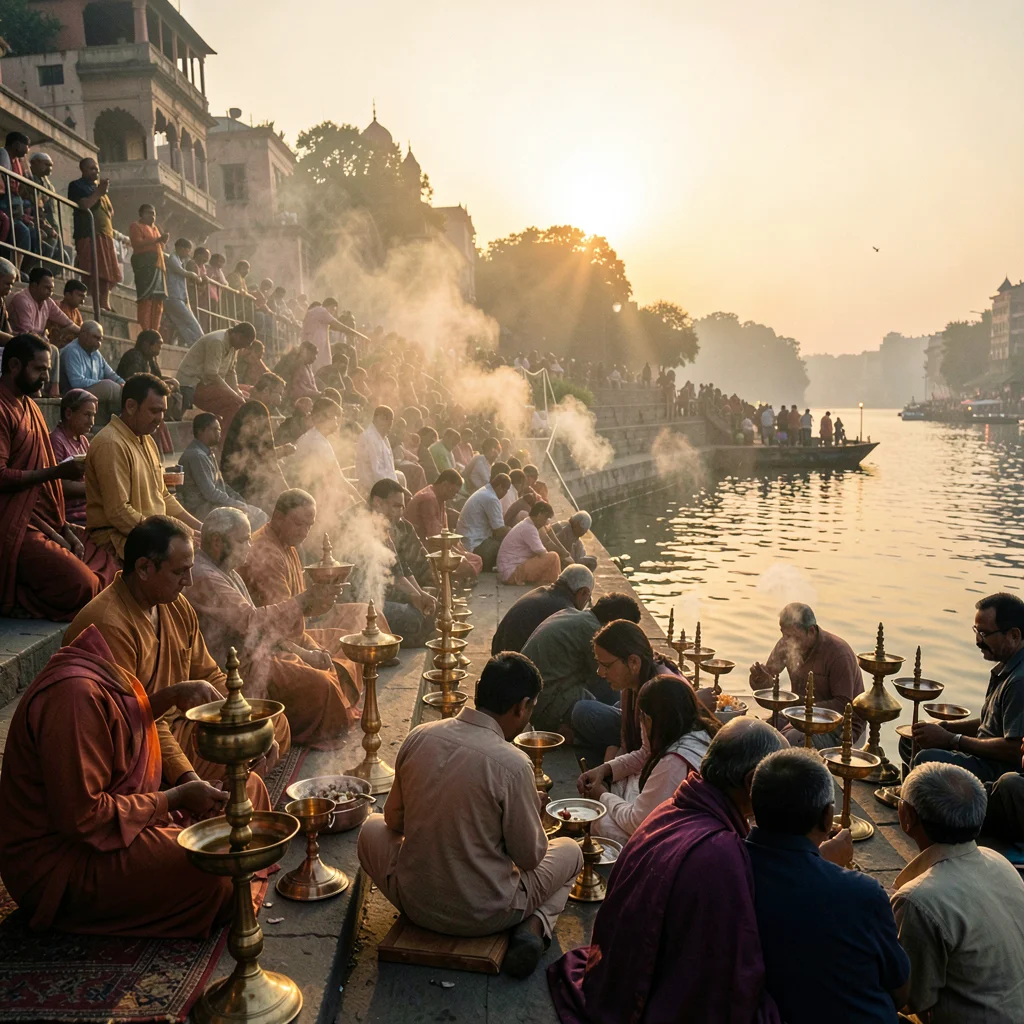 Sacred smoke catching golden Ganges light in Varanasi, Evening aarti preparation