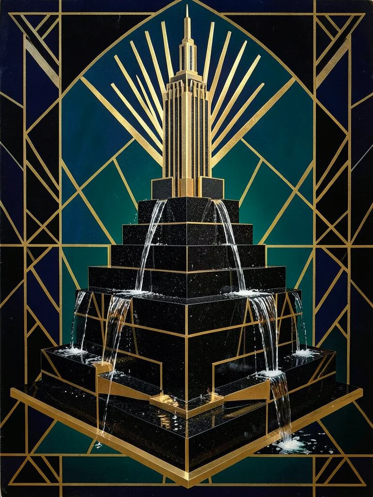 An Art Deco fountain: stepped pyramid form in black granite with gold accents, w