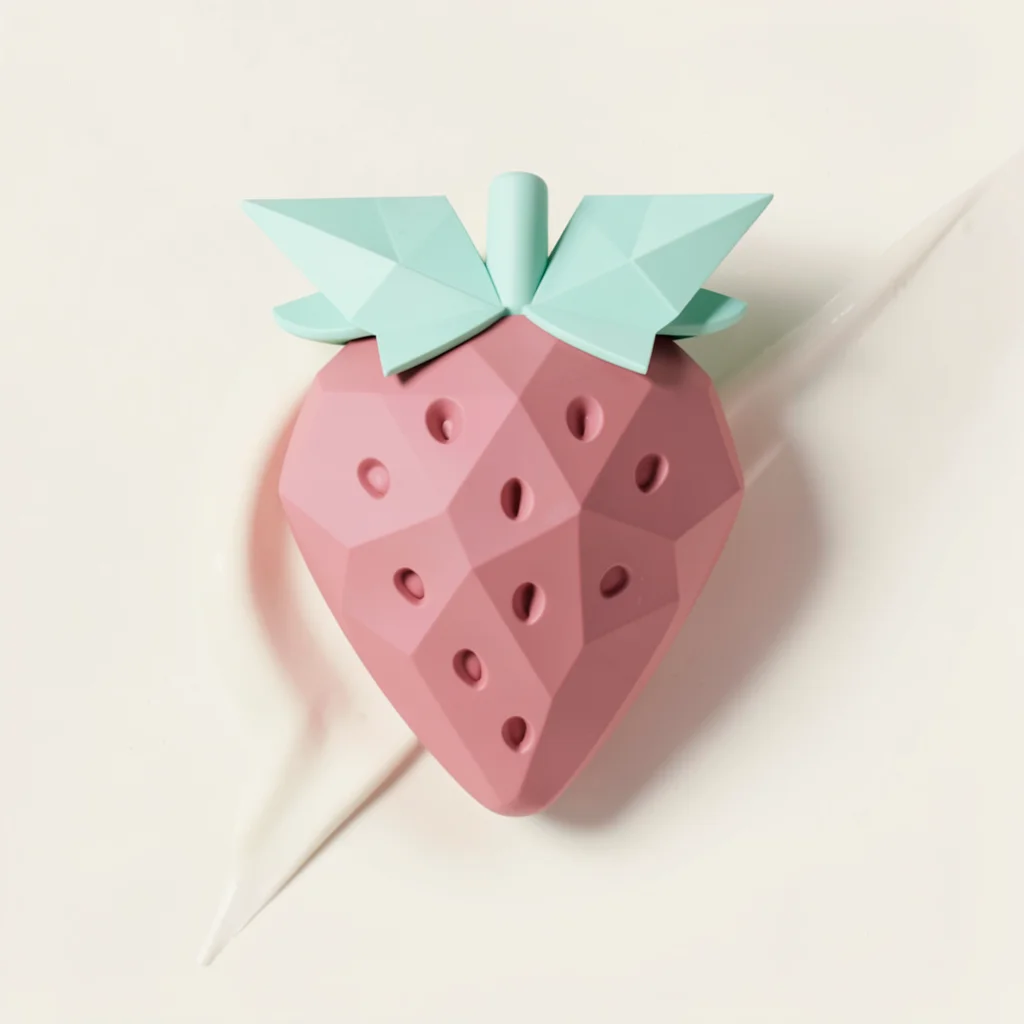 Berry dusty-pink lowpoly strawberry with a triangulated mint leaf cap, soft rim 