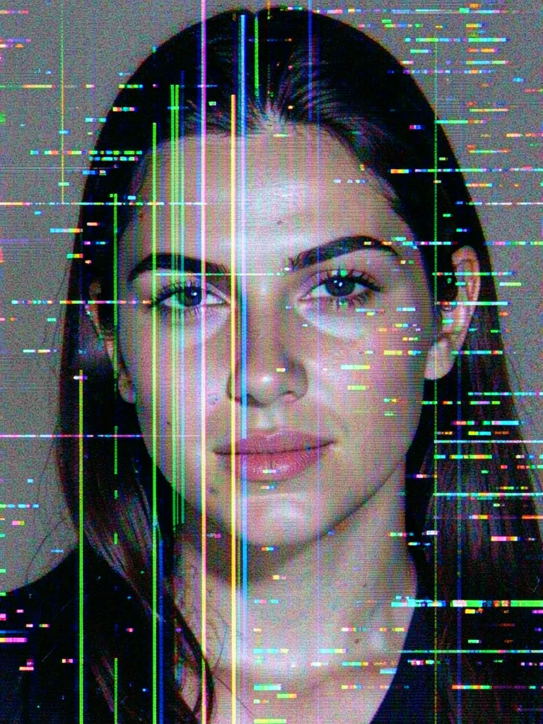 Portrait with pixel-sorted vertical streaks through the hair and forehead, color