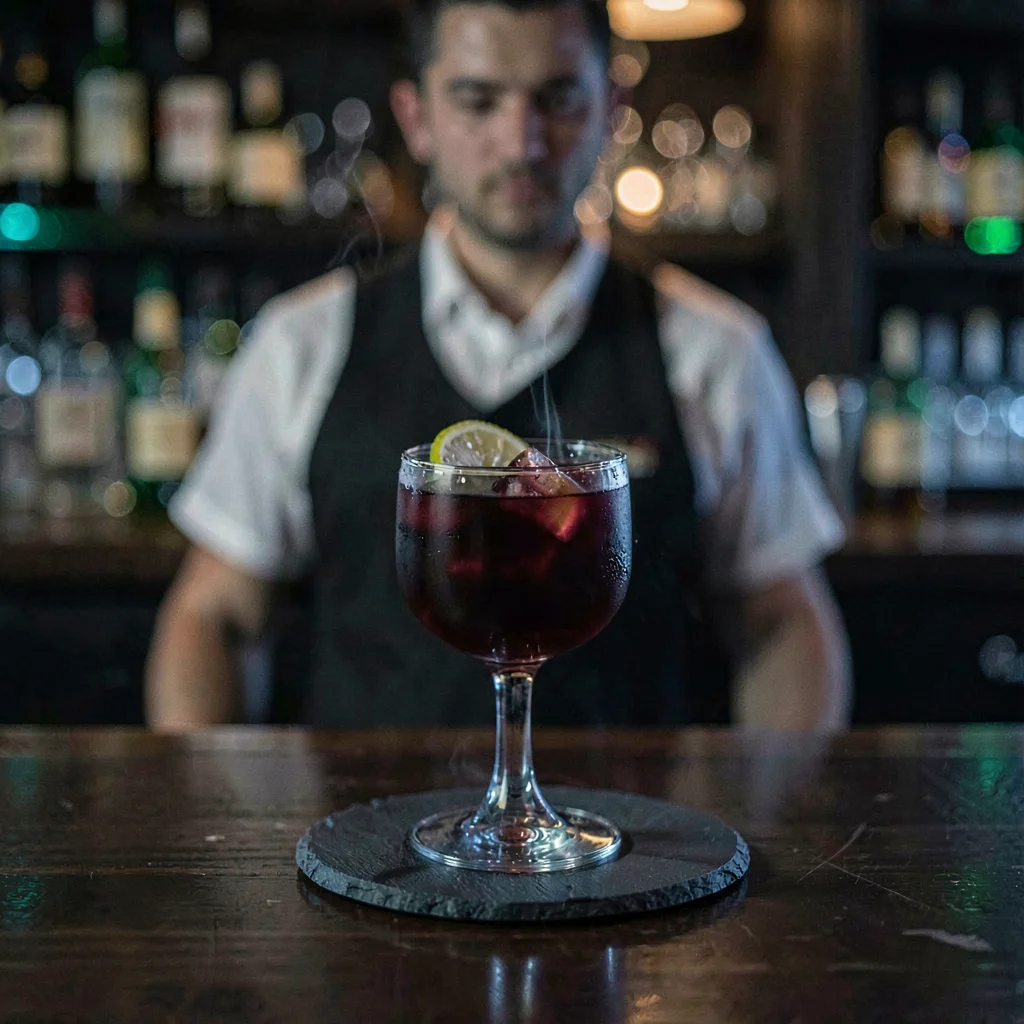 Nocturnal close-up of a single negroni on a coaster with deep ruby color, bar-ba