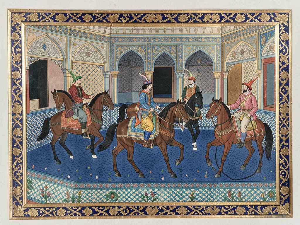 Polo players on horseback in a walled palace courtyard with patterned tile