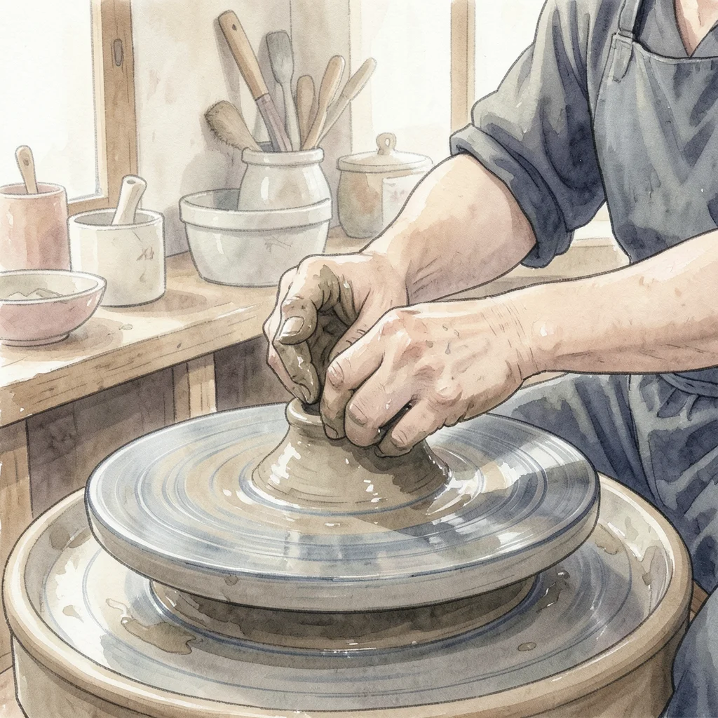 Potter's hands shaping clay on a spinning wheel, close-up, wet clay texture, wor