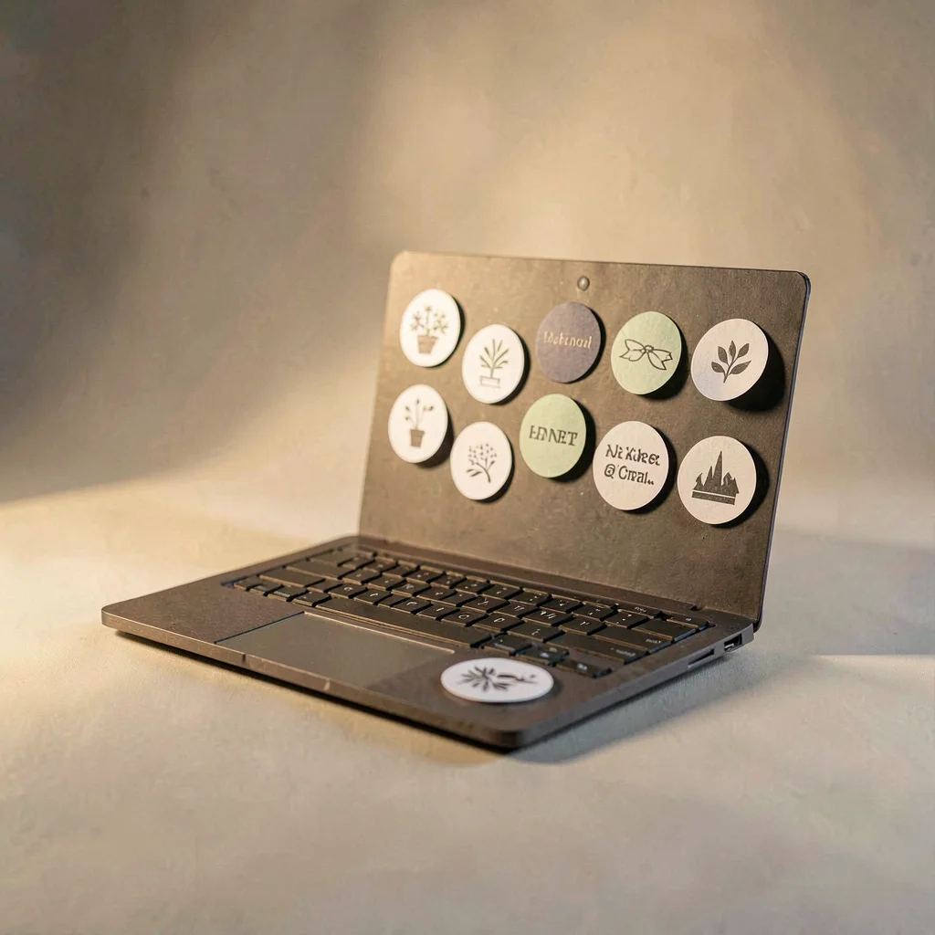 Papercraft scene of a paper-cut laptop with paper-cut stickers across the lid, s