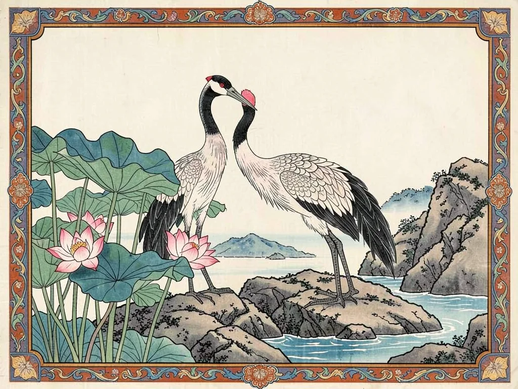 Pair of cranes standing among lotus blossoms near a rocky shore