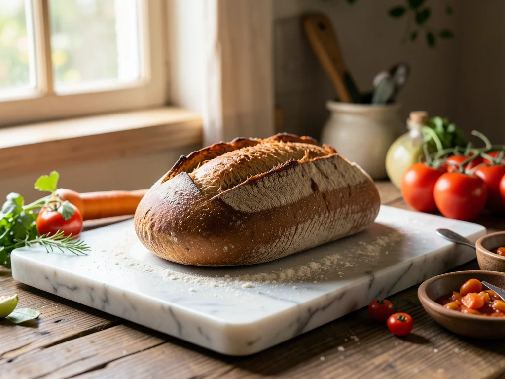 Fresh sourdough bread loaf on marble countertop with flour dusting and morning w