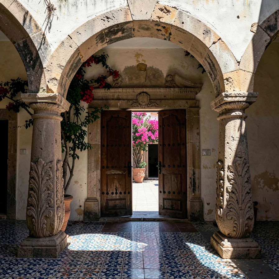 Iron-Studded Doors Ajar to Courtyard