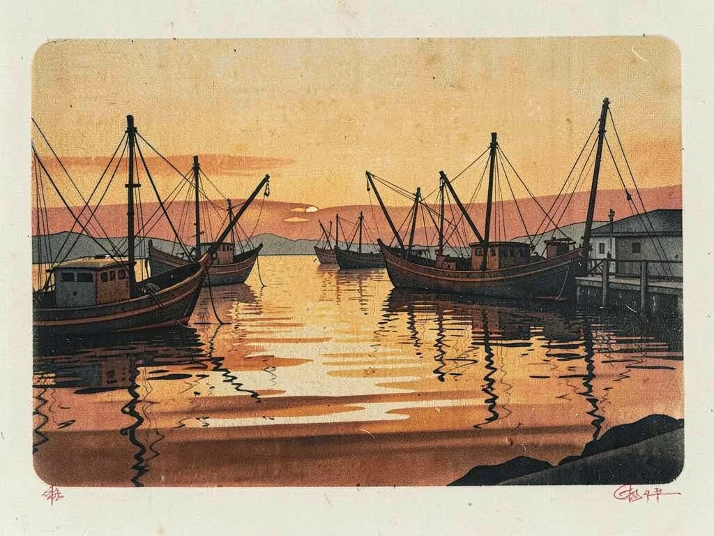 Harbor fishing boats at dusk, warm ochre and rust reflections on water