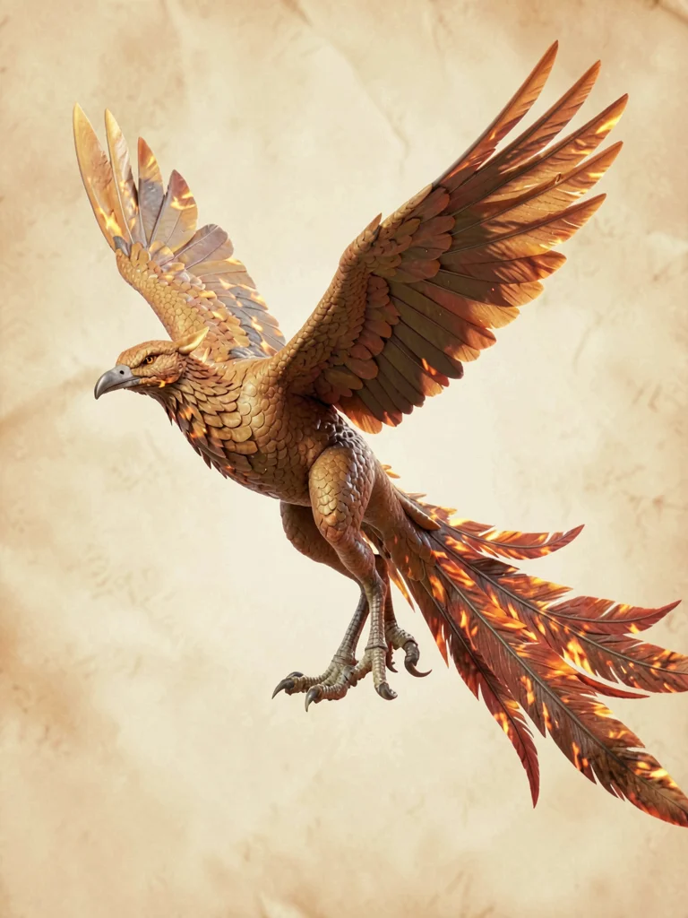 Mid-rising phoenix with wings half-spread upward and trailing ember-feathers beh