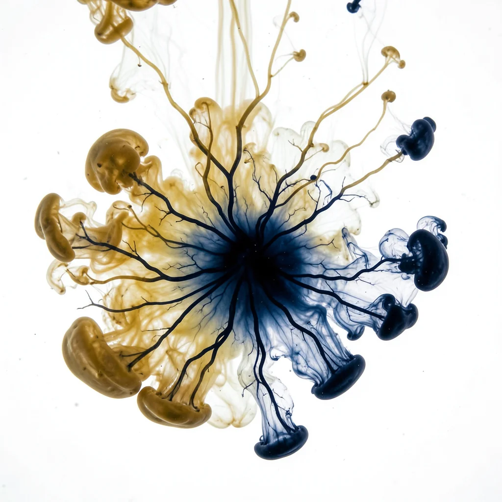 Gold and navy ink blooming in water, school colors swirling, celebration