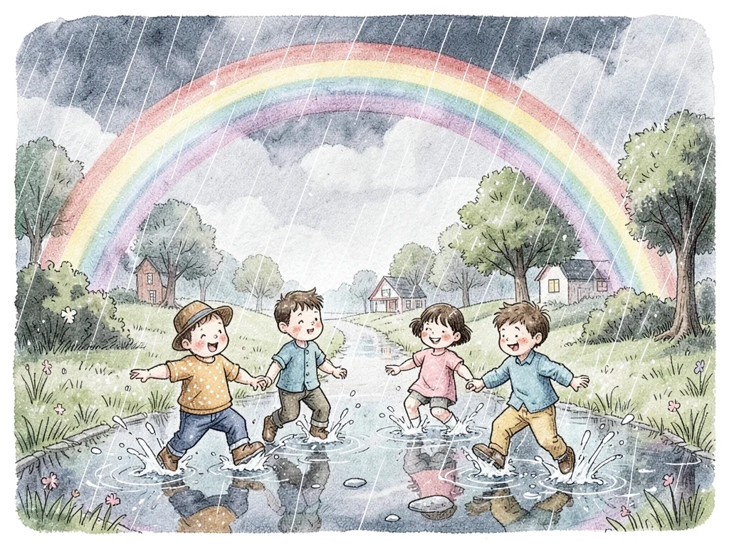 Children splashing in puddles with rainbow