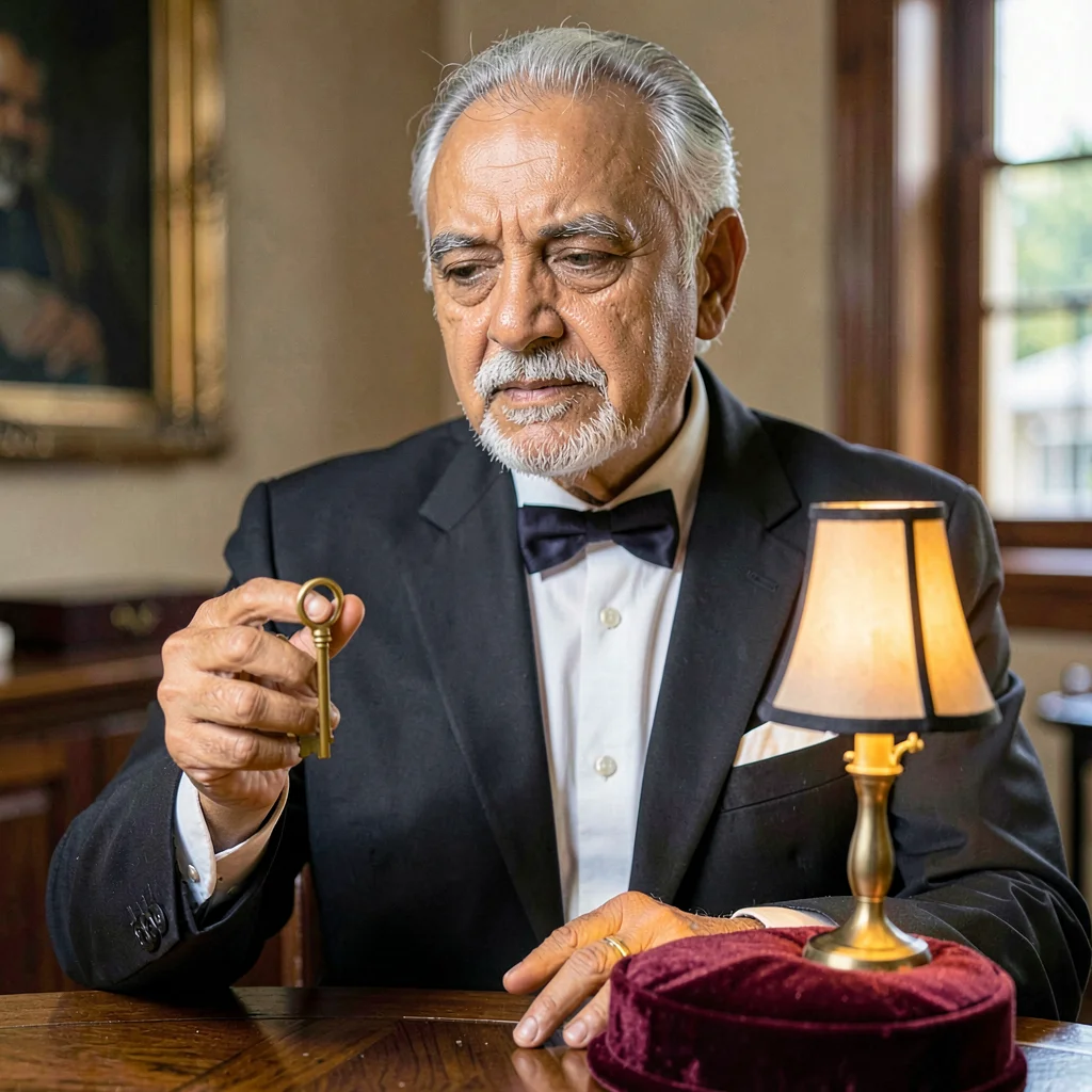 A focused Indian doorman in his fifties holding a single brass key on a velvet p