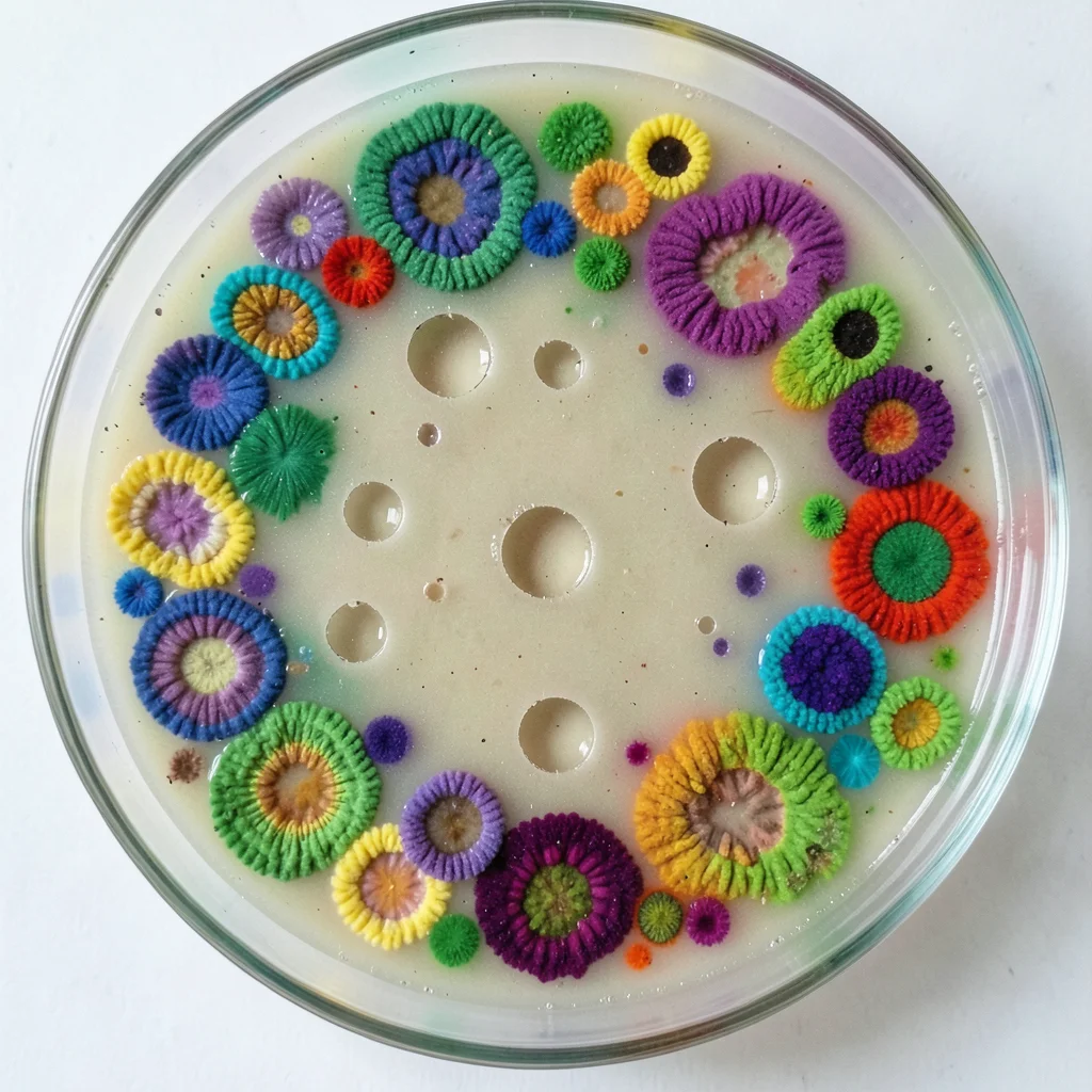 Bacterial lawn with phage plaques, clear circular holes in an otherwise uniform 