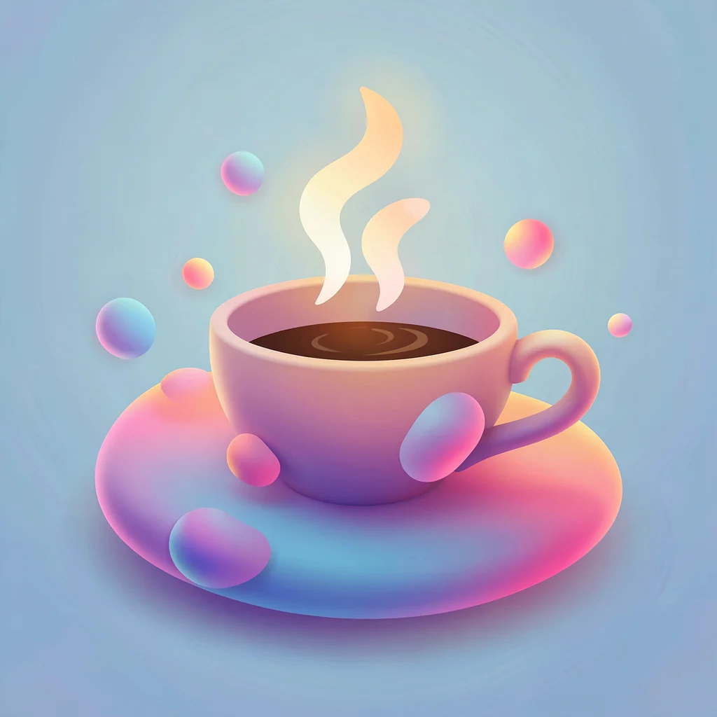 Organic blob gradient illustration, coffee cup with steam forming soft shapes , 