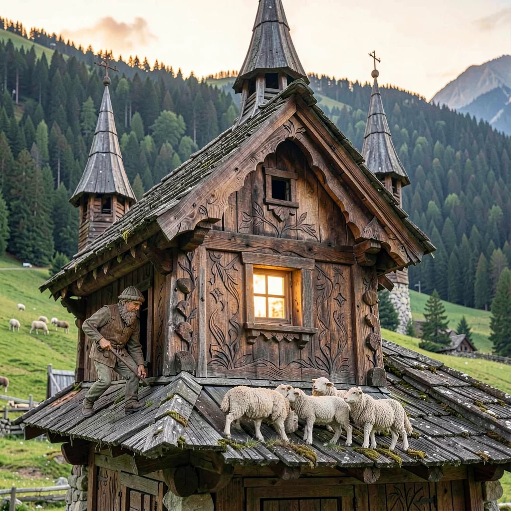 Maramures wooden craft, hand-carved church detail, A shepherd with his flock aga