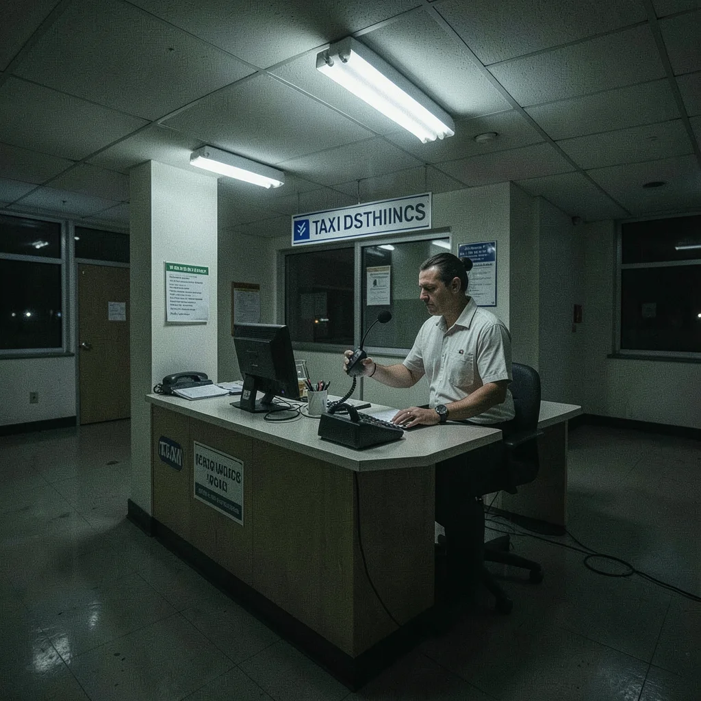 Taxi dispatch office at 3am with dispatcher and radio
