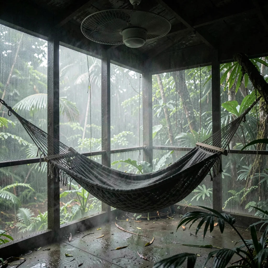 Tropical rainforest photograph, humid jungle atmosphere, A hammock strung in a s