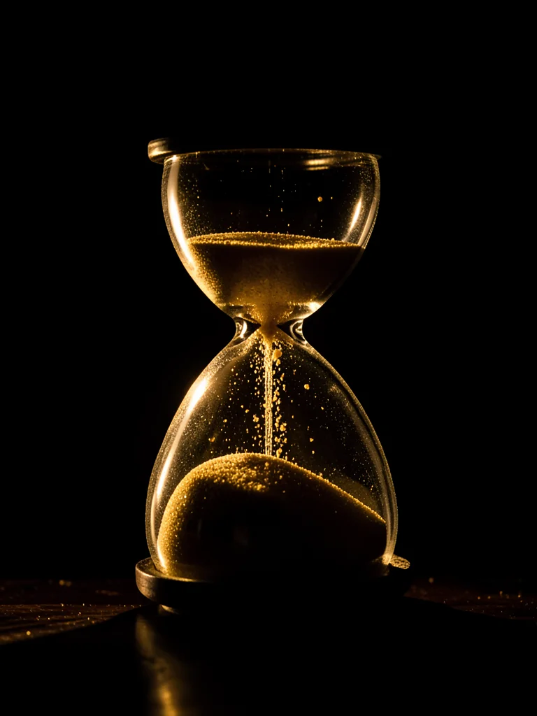 An hourglass with sand falling, backlit so each grain is visible, the glass stru