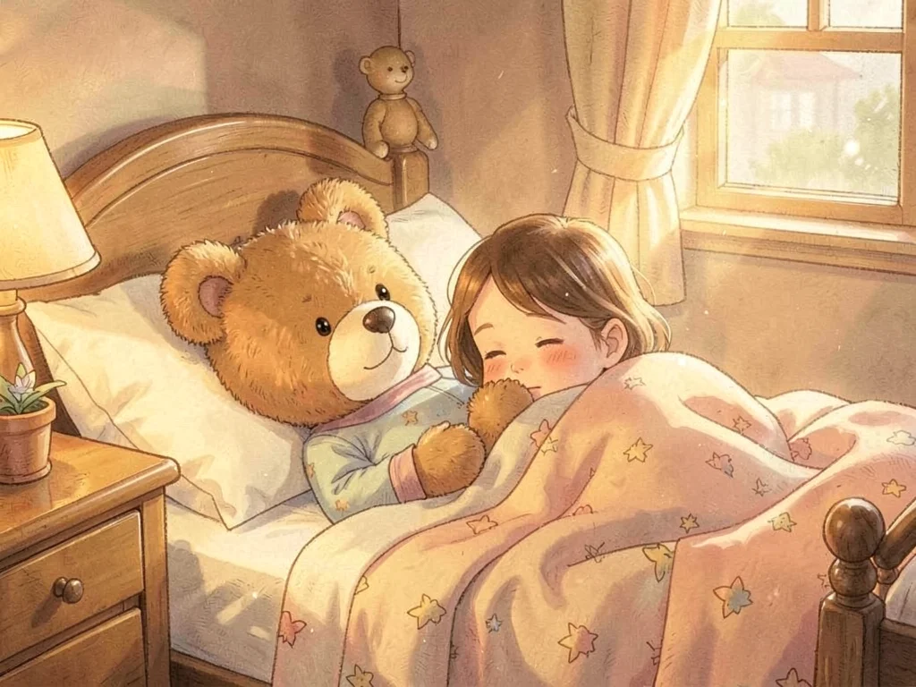 Teddy bear tucked in with child