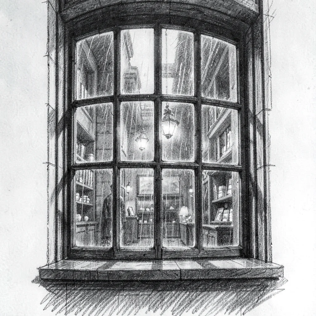 Vertical charcoal scene of a leaded window with rain blurring the lamplight beyo