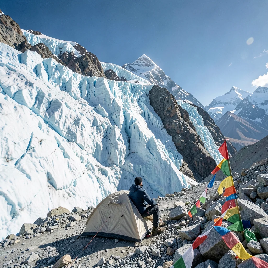 High altitude clarity of Kathmandu, Nepal, Climber resting at base camp, tent in