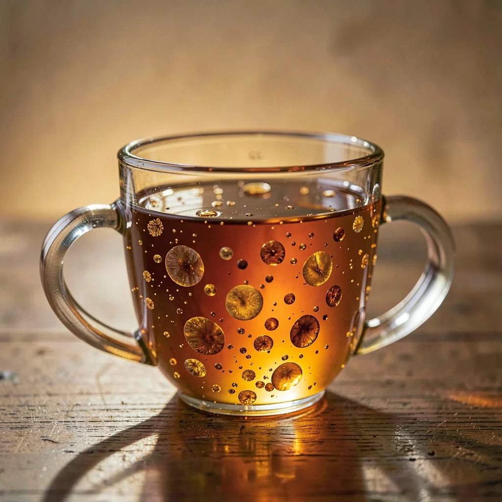 Baltic amber luminescence, backlit golden-brown, Tea in a glass cup, amber liqui