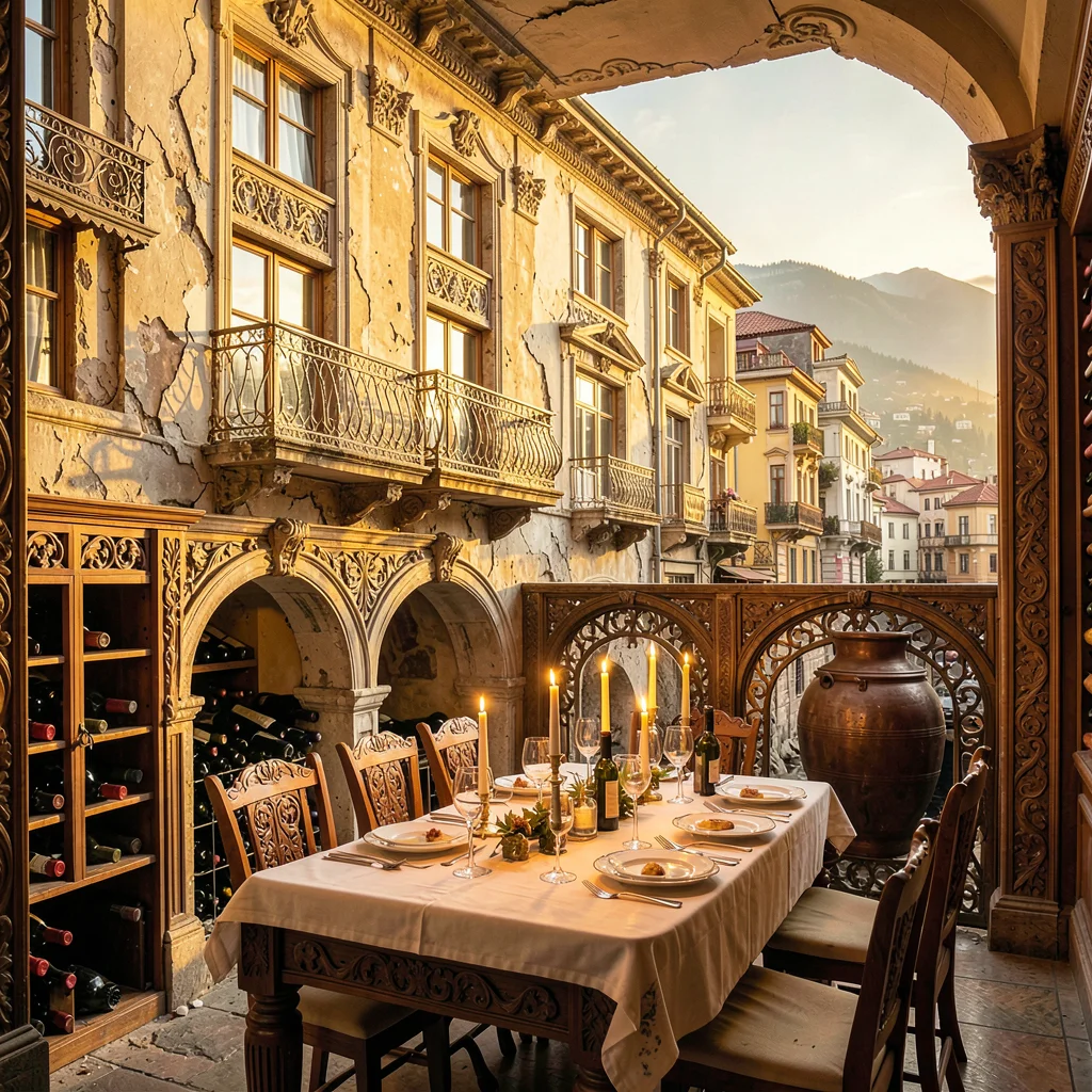 Crumbling Art Nouveau balconies in golden Tbilisi light, underground wine cellar