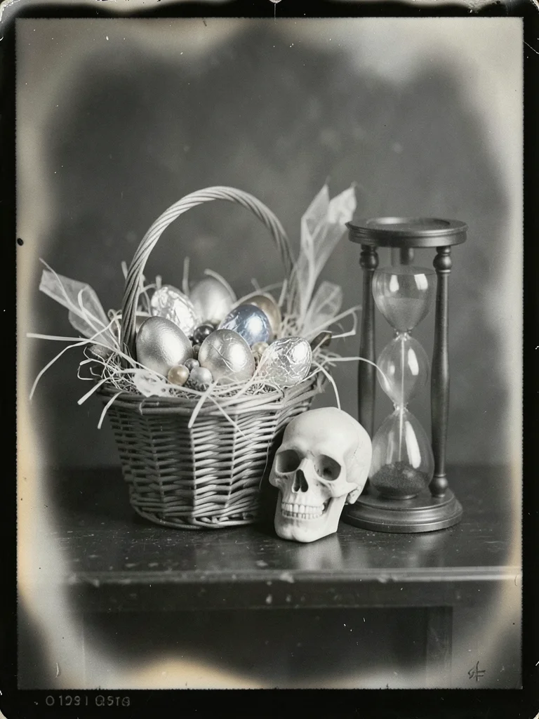 An elaborate Easter basket overflowing with foil-wrapped eggs, cellophane grass,