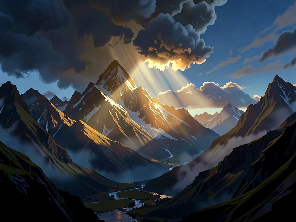 Rugged Himalayan basin where a single sun shaft splits a storm cloud, warm gold 