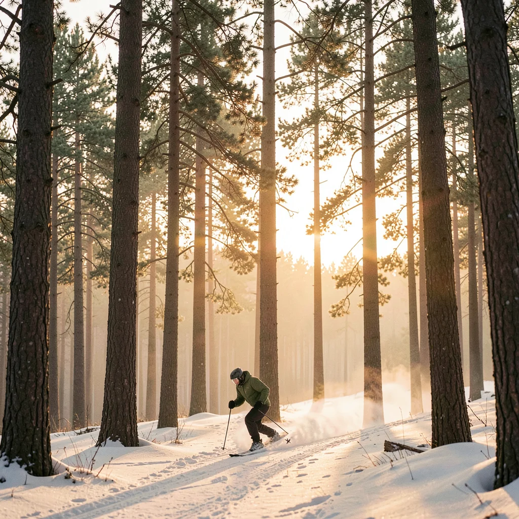 Vertical atmospheric story of a tall pine grove at dawn with a single skier carv