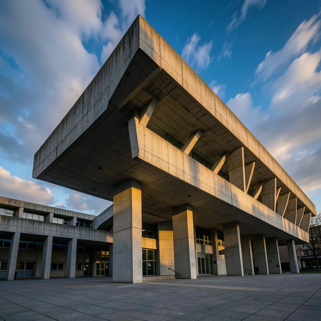 A brutalist university library, the massive cantilevered reading room jutting ov