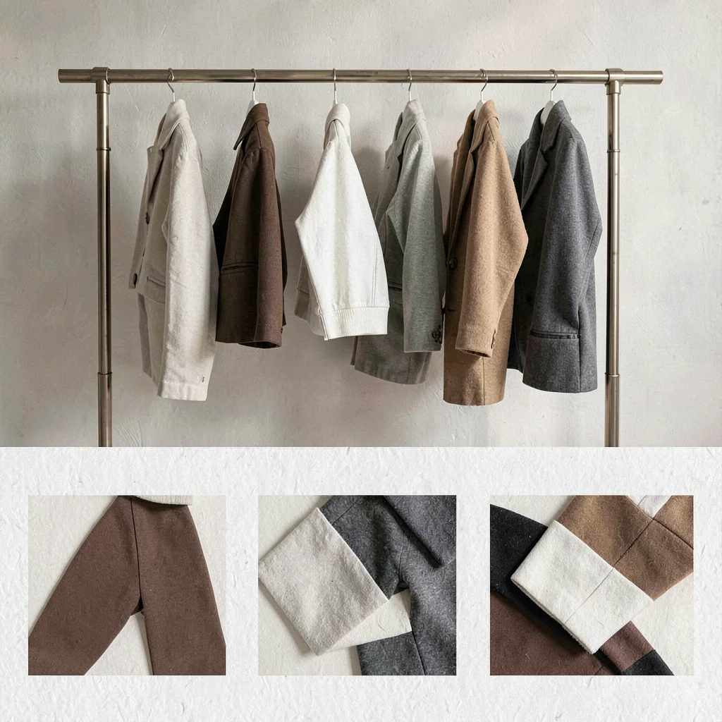 A fashion-lookbook hanging-rack mockup with five abstract garments on a hanger r