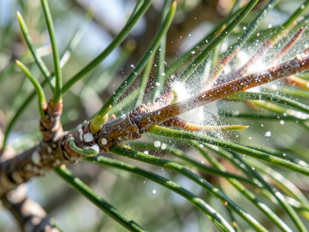 Pine tree branch releasing cloud of pollen into spring air