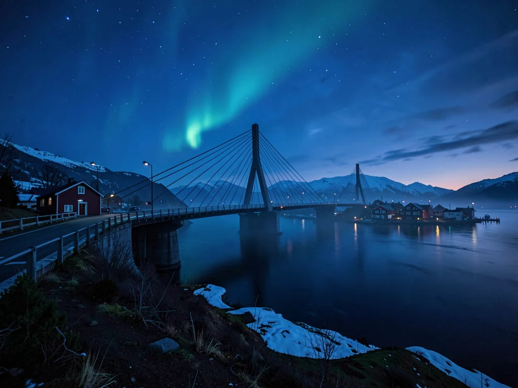 Polar night blue hour in Tromso, Norway, the Tromso bridge spanning dark water, 