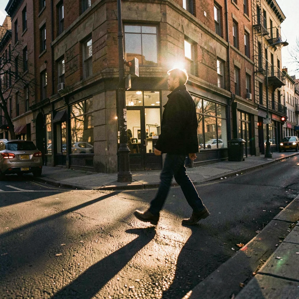 Moody street corner at golden hour with long shadows and a passing silhouette