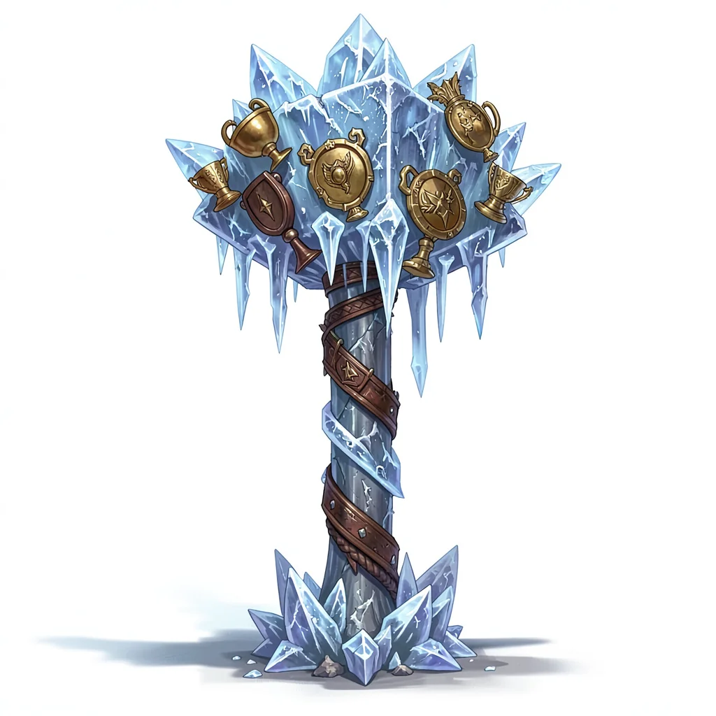 Fantasy weapon illustration, a frost giant's club of solid ice, frozen trophies 