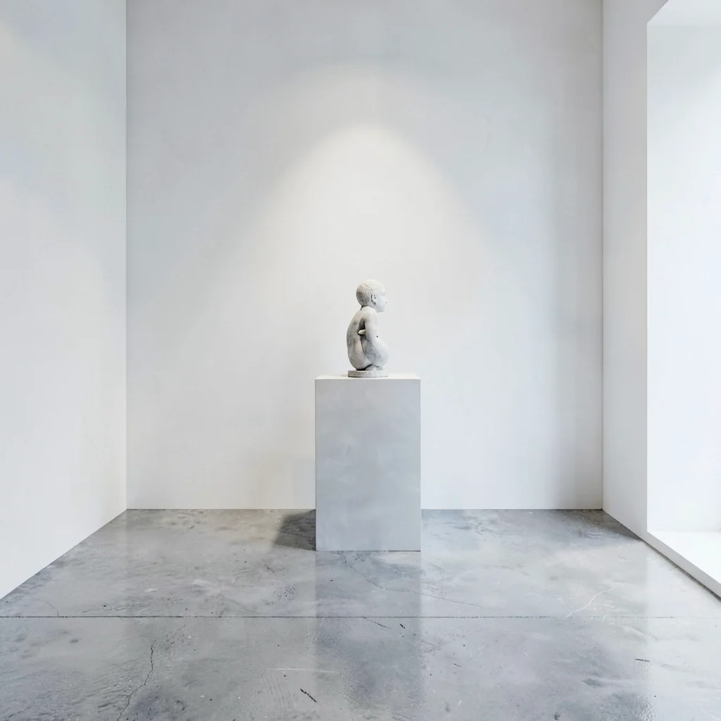 clean gallery interior with a polished concrete floor and a sculpture plinth