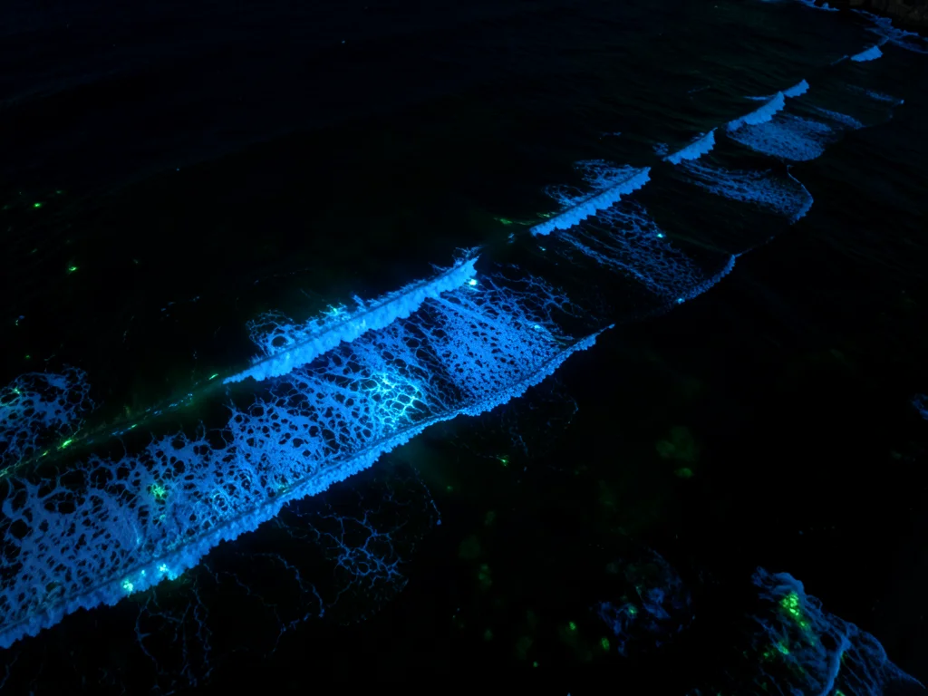 Bioluminescent phytoplankton bloom from above — aerial view of coastline with bl