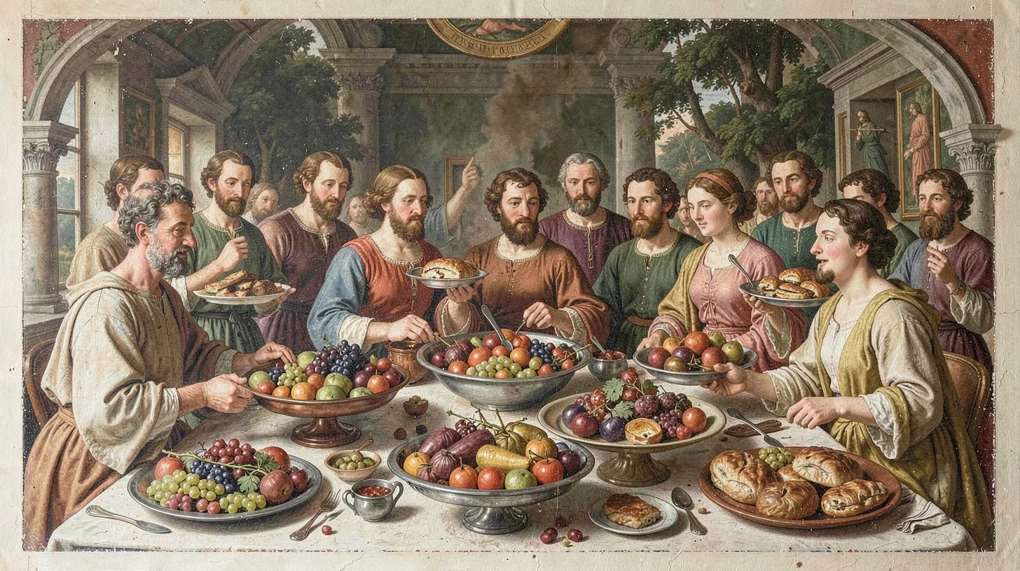 Fresco-style illustration, feast with overflowing platters , painted into wet pl