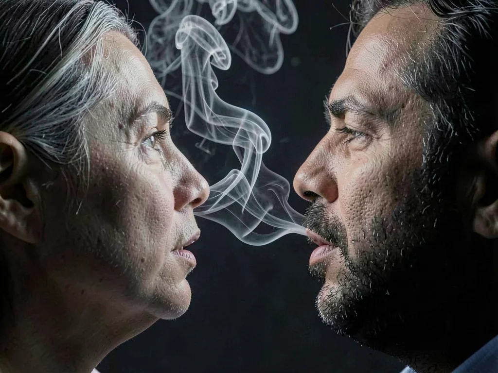Breath between two people showing interaction and mixing