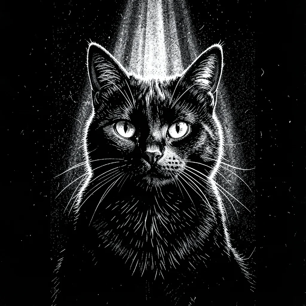 Black cat glowing eyes scratchboard