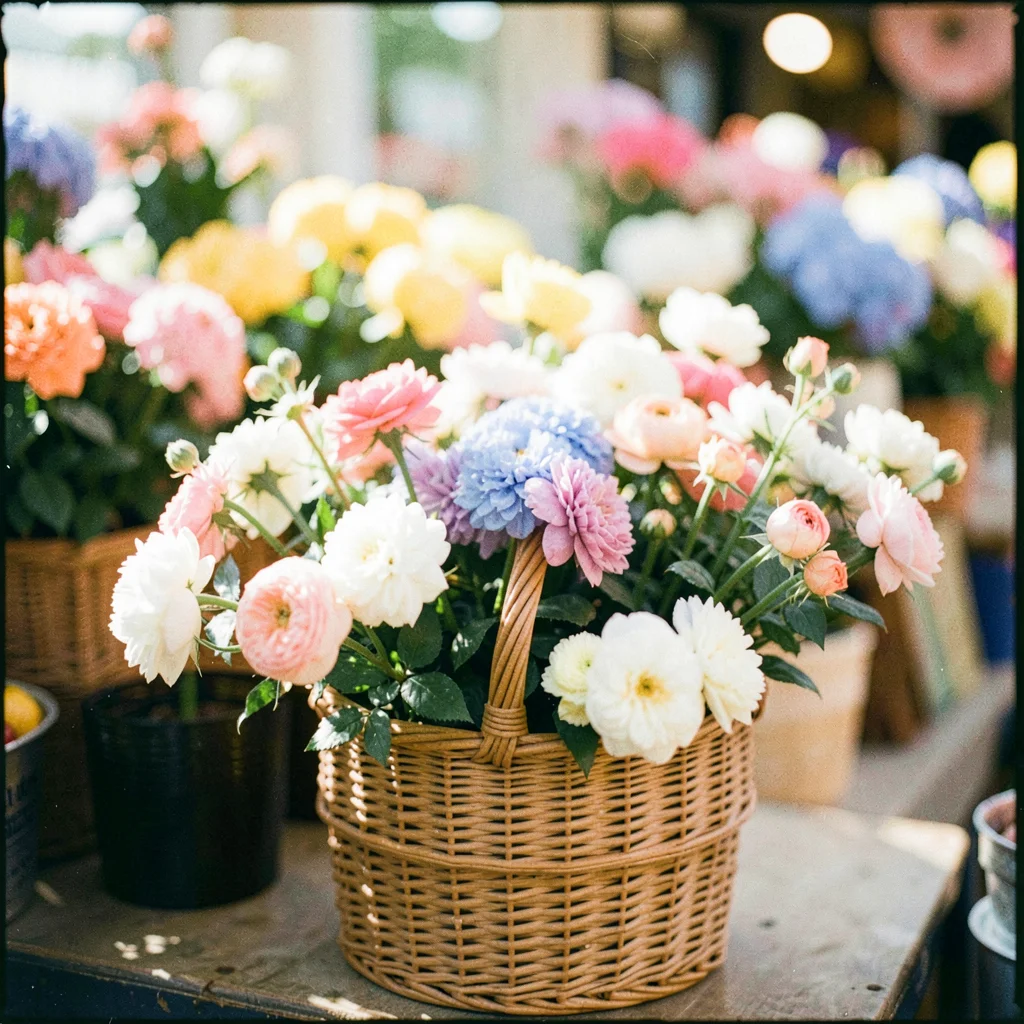 Market flowers in a wicker basket