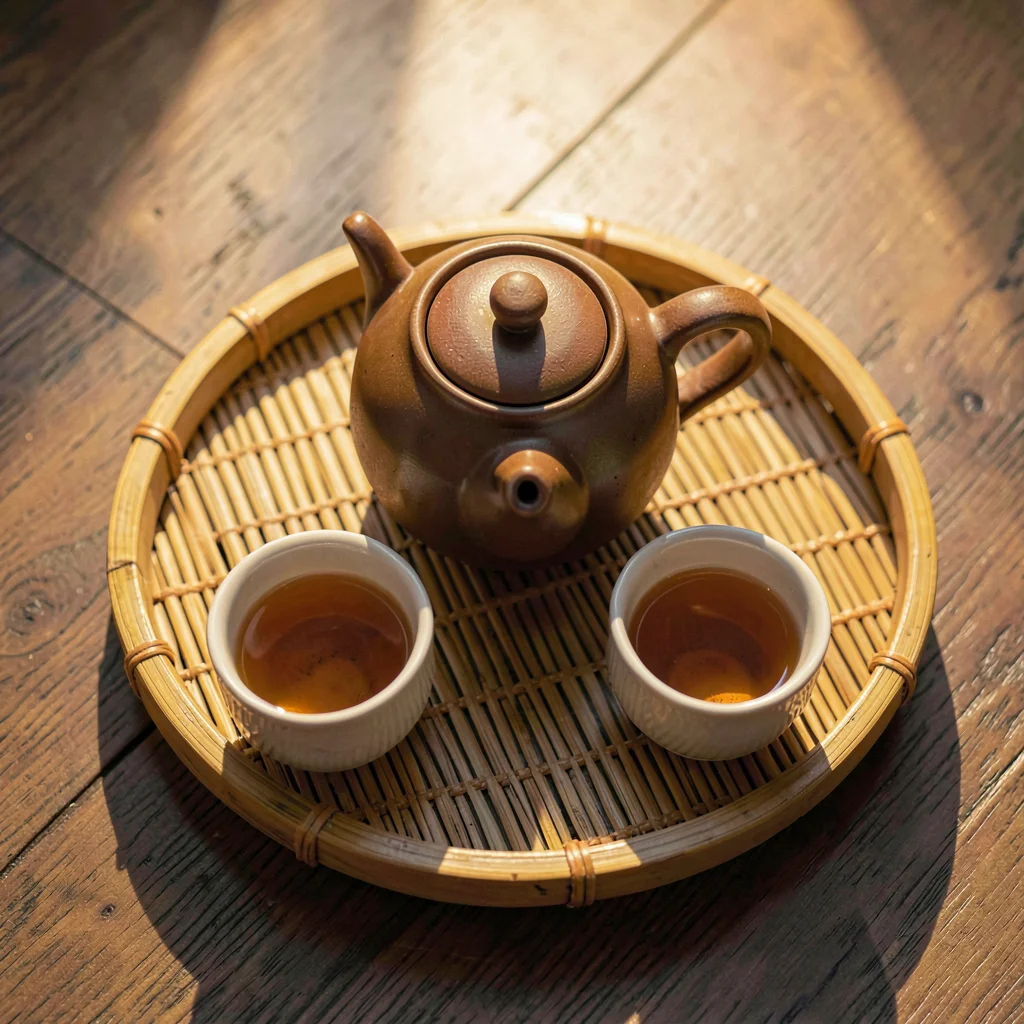 Warm overhead of a small bamboo tray with a teapot and two cups, golden glow poo