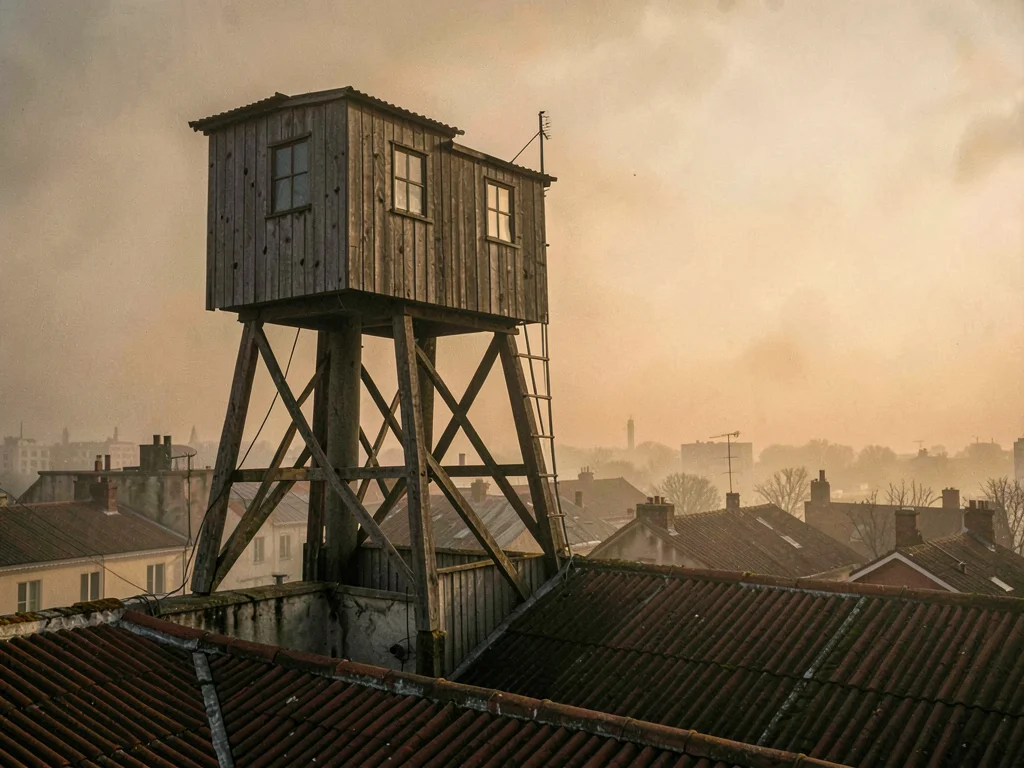 A solitary wooden water tower stands like an old sentinel above tar rooftops wit